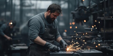 Artisan blacksmith forging metal in rustic workshop with sparks flying