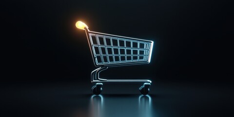 Neon shopping cart in dark studio with glowing lightbulb accent