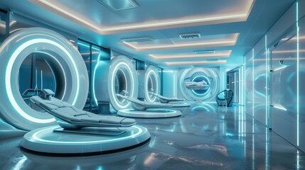 Futuristic Medical Room with Advanced Equipment and Blue Lighting