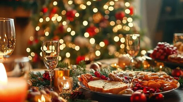 Christmas dinner. Festive food with a Christmas tree in the background