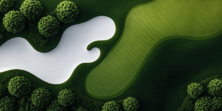 Aerial view of golf course with sand trap and lush green fairway amidst trees