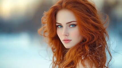 Fototapeta premium A tight shot of a red-haired woman's face, framing her textured curls and frizz