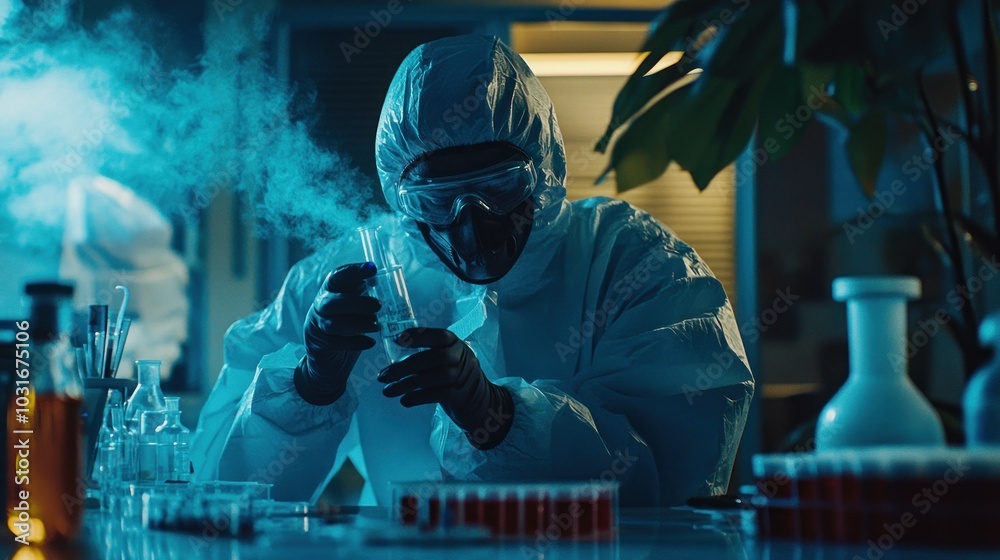 Poster a scientist in a hazmat suit examining a test tube in a laboratory