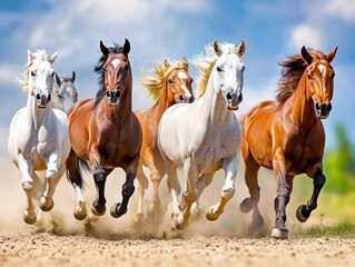 Obraz premium A group of horses running in a line in the sand