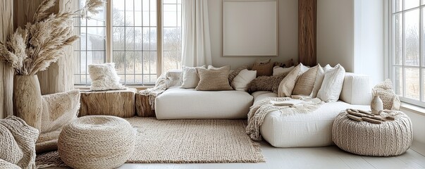Cozy Scandinavian-inspired living room with neutral tones, wooden accents, and oversized knit throws, [Furniture], [Cozy Nordic style]