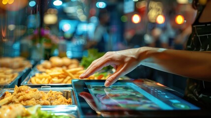 Woman Using Self-Service Kiosk at Fast Food Restaurant
