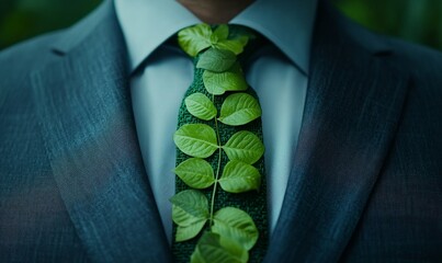 Businessman suit wears a tie made of green leaves,  environmental consciousness sustainability Ideal for eco-conscious and sustainable business themes, Generative AI