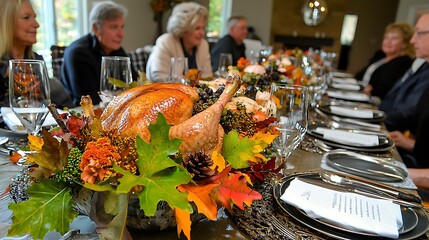 Thanksgiving Dinner Table Setting with Roasted Turkey and Fall Decorations