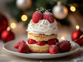 Delicious Strawberry Shortcake with Whipped Cream and Festive Lights