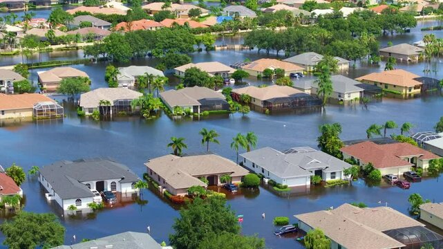 Flooding in Florida caused by tropical storm from hurricane rainfall. Suburb houses in residential community surrounded by flood waters. Aftermath of natural disaster