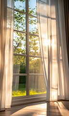 40. A large window with sheer curtains letting in sunlight