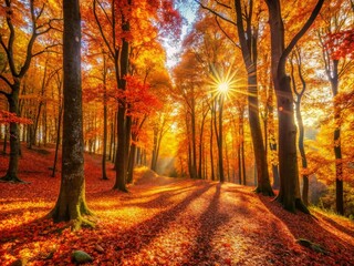 Sunny Autumn Forest: A Serene Nature Scene of Colorful Foliage and Sunlight