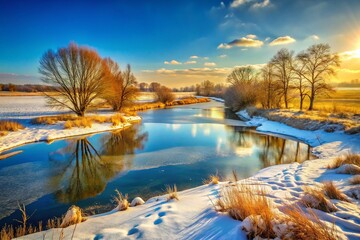 Fototapeta premium Sunny Panoramic Early Spring Landscape with Frozen River and Snow-Covered Fields in a Bright March Morning