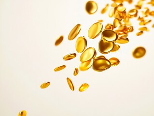 A bunch of gold pills falling down on a white surface