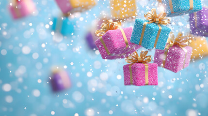 A Spectacular Holiday Explosion: A Vibrant 3D Artwork of Sparkling Christmas Gifts Cascading from a Snowy Atmosphere