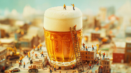 Colossal beer glass towers over a tiny metropolis with construction workers building a ladder to the frothy top
