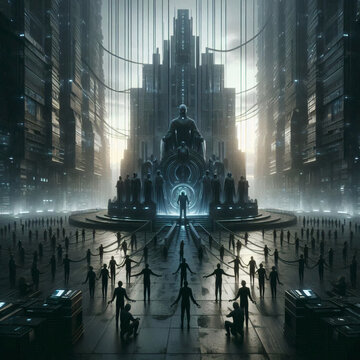 A dark and foreboding scene in a futuristic, dystopian city, where a central figure sits on an ominous throne surrounded by faceless figures in a towering urban landscape