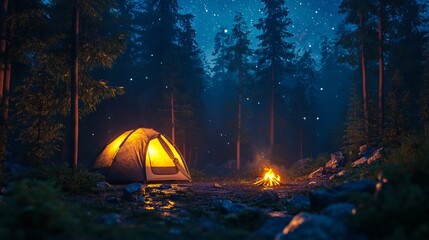 A tent is set up in the middle of a forest at night