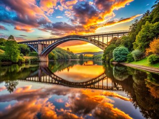 Fototapeta premium Sunset Over Hagg Bank Bridge: A Scenic View of Wylam's Historic Railway Bridge Spanning the River Tyne