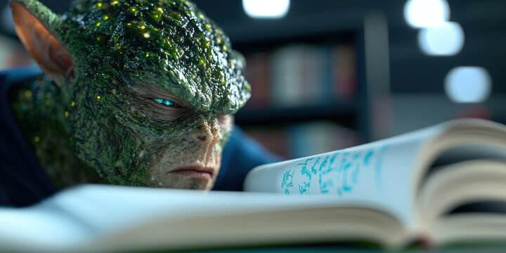 Alien Student Studying in Library with Books and Notes