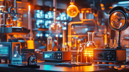 A retrofuturistic lab with glowing liquids, vintage telescopes, and chrome radios under cozy lighting