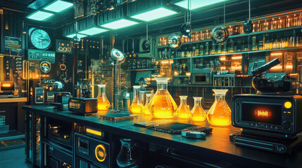 A retrofuturistic laboratory with glowing liquids and vintage telescopes for stargazing at night