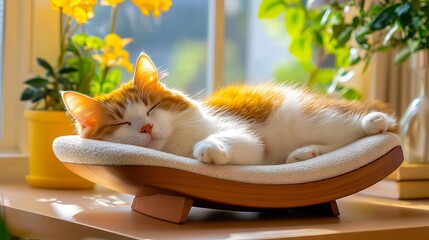 A small orange and white cat sleeping in a wooden bowl on a window sill