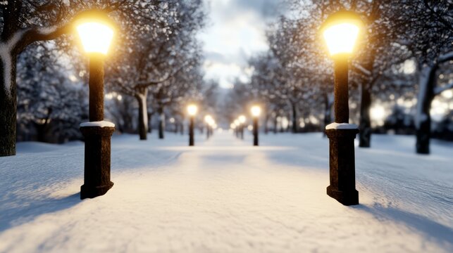  A few streetlights atop a snow-covered ground, adjacent to leafless trees - Powered by Adobe