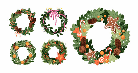 Ornamental door wreaths set. Christmas decor. Circle Xmas elements of pine, spruce branches. Winter holiday decoration of fir tree twigs. Flat vector illustration isolated on white background