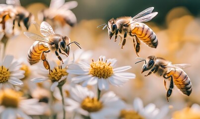 Fototapeta premium Urban garden buzzing with activity as bees pollinate flowers amidst the city , the growing trend of beekeeping in urban environments, Generative AI