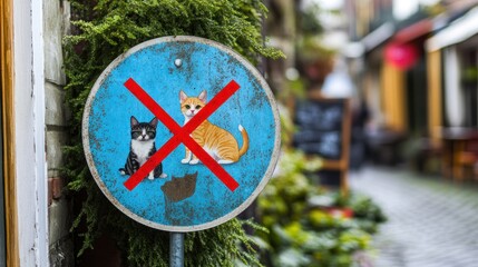 A sign prohibiting cats, featuring a black cat and an orange cat illustration.