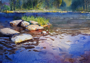 Watercolor painting on paper, a group of rocks by the lake, crystal clear blue water flowing through mossy rocks and grass. The banks are full of lush forest, surrounded by colorful trees and rocky la