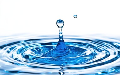 A vibrant blue paint drop sinking in clear water, creating beautiful swirling patterns and trails, set against a pure white background. 