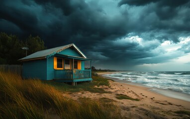 Beach shack during a stormy evening, with dark clouds overhead and waves crashing nearby, yet the house remains cozy and inviting. 