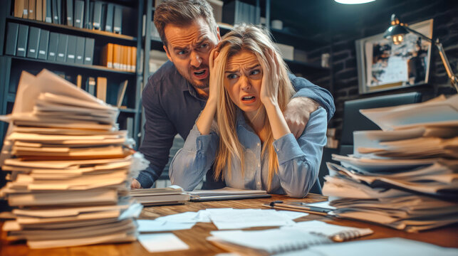 Young male boss yells at overwhelmed female employee amid piles of paperwork in a chaotic office environment