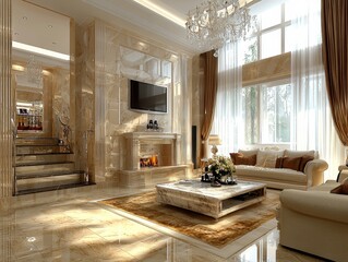 Luxury living room with high-end designer furniture, marble coffee table, and crystal chandelier, neutral color palette, [Furniture], [Luxury interior]