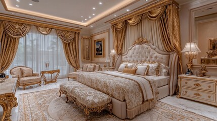 Luxurious master bedroom with marble furniture, designer bedding, and gold accents, [Furniture], [Master suite luxury]
