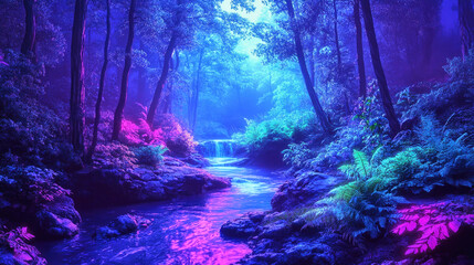 A mystical forest clearing at dawn with neon blue and purple shades illuminating the tranquil river and vibrant flora