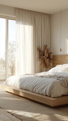 Minimalist bedroom with Scandinavian furniture, white bed linens, light wood accents, and large windows letting in natural light, [Furniture], [Minimalist design]