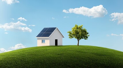 Solar-Powered Eco-Friendly House in the Countryside with Space for Text in the Sky Above