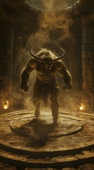 A muscular Minotaur standing at the center of a dark, ancient stone labyrinth,