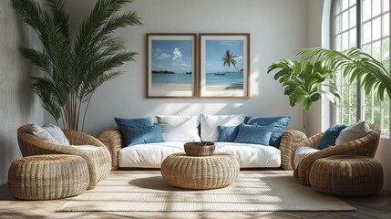 Sunlit Tropical Living Room Interior with Wicker Furniture