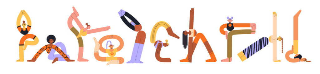 Girls do sport workout set. Women practice yoga poses, asanas, physical exercises. People training flexibility, stretching in different postures. Flat isolated vector illustrations on white background