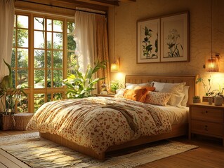 Warm and inviting bedroom with cozy bedding, wooden furniture, and soft lighting, [Furniture], [Cozy living]