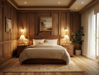 Warm and inviting bedroom with cozy bedding, wooden furniture, and soft lighting, [Furniture], [Cozy living]