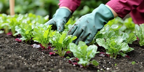 Fototapeta premium Hands in Gloves Caring for Green Plants in a Garden Bed