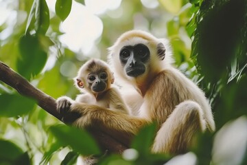 A mother and baby gibbon resting on a branch amidst lush green foliage.