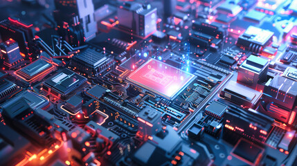 Fototapeta premium Realistic AI chip with holographic interface and futuristic circuitry in a dynamic urban environment viewed from above