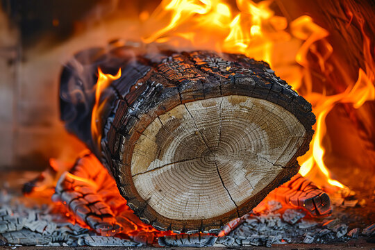 Burning log in fireplace celebrating yule winter solstice