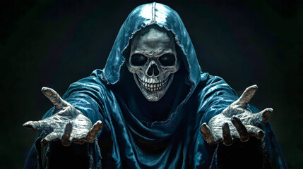 A grim reaper figure with a skull mask beckons menacingly with outstretched hands against a dark background, evoking a sense of horror and fantasy